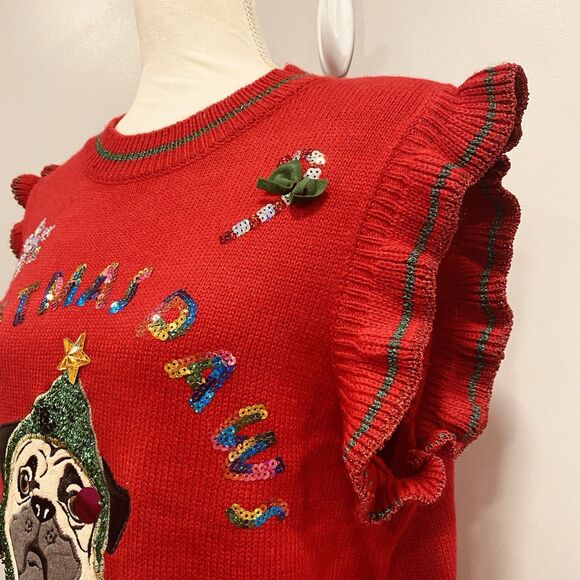 UGLY CHRISTMAS Sweater Vest M Pug Dog Embellished Sequin Metallic Knit Holiday - Picture 7 of 16